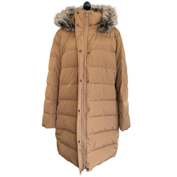 Lands End Down Puffer Parka Jacket with Faux Fur Hood Mid Thigh Tan Size 1X - Picture 6 of 15